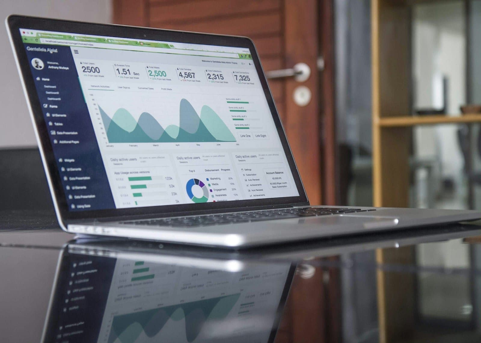 Bildschirm mit SEO-Analyse: Diagramme zur Sichtbarkeitsentwicklung und eine Checkliste mit priorisierten Maßnahmen auf einem aufgeräumten Schreibtisch