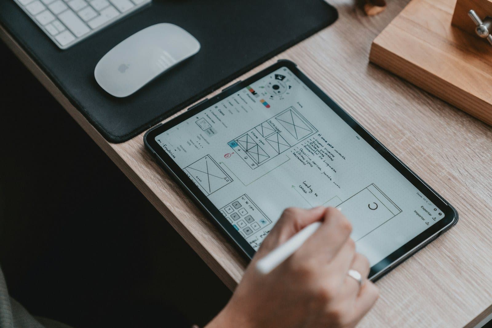 Schreibtisch mit Laptop, auf dem Bildschirm ein Website-Entwurf im Aufbau, daneben handschriftliche Wireframe-Skizzen zur Seitenstruktur – Arbeitssituation bei der Konzeption einer Firmenwebsite