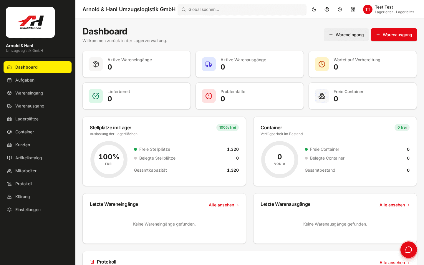 Screenshot der A&H Lagerverwaltung – Dashboard mit Kennzahlen zu Wareneingang, Stellplätzen und Containern